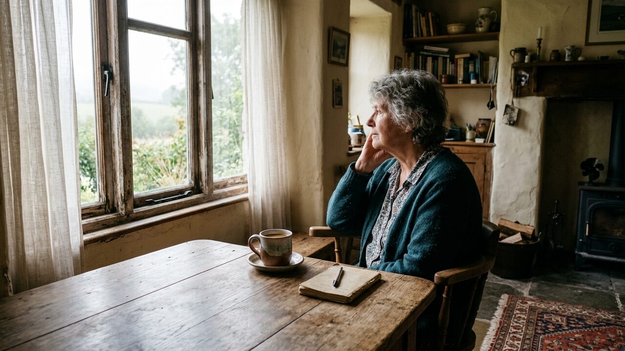 O femeie așezată la o masă de lemn rustică, privind pe fereastră cu mâna sprijinită pe obraz, alături de o cană ceramică și un carnet.