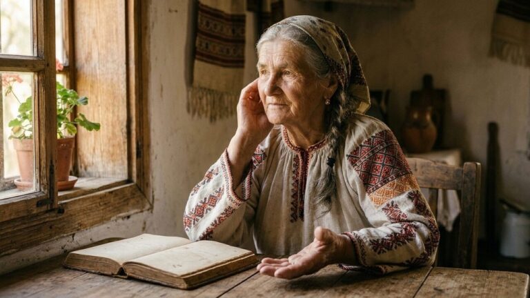 O bătrână îmbrăcată într-o ie tradițională stă la o masă de lemn lângă fereastră, atingându-și urechea cu o mână și ținând cealaltă mână cu palma în sus lângă o carte deschisă cu pagini îngălbenite.